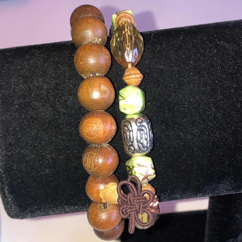 Brown Wood Bead Bracelets with Green Accent Beads